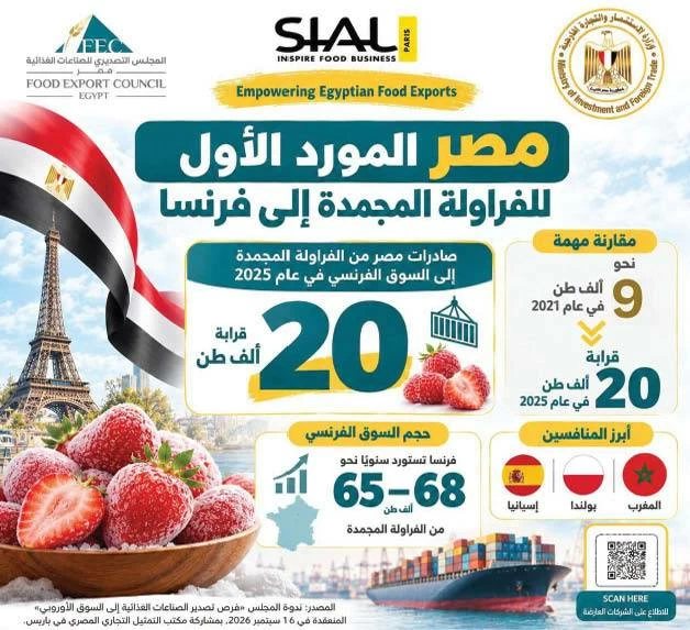 مصر تتصدر موردى الفراولة المجمدة إلى فرنسا خلال 2025